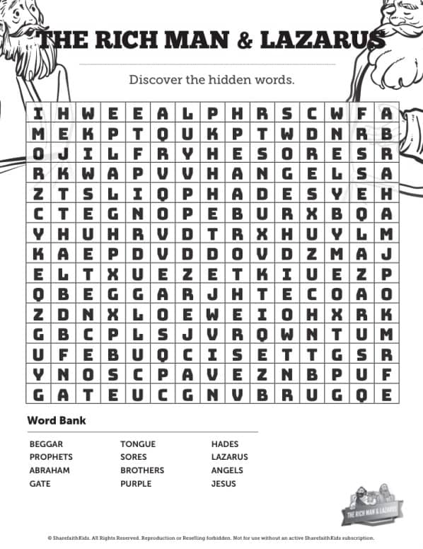 Luke lazarus and the rich man bible word search puzzles â