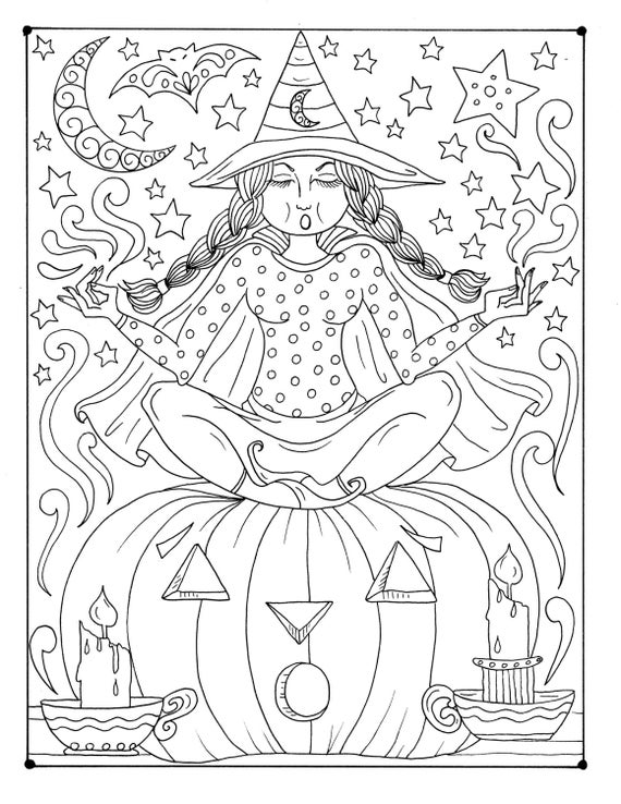 Zen witch instant download coloring page halloween funevilscarrycatmoonfalldigital