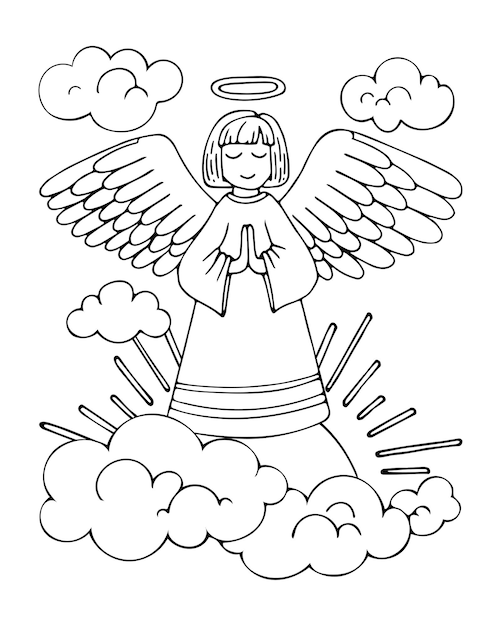 Premium vector angel coloring page prayer for peace in heavenly heaven holy guardian angel hand drawn vector line drawing coloring book for children and adults black and white sketch