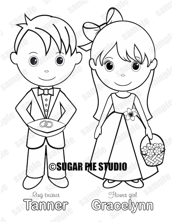 Personalized printable flower girl ring bearer wedding party favor childrens kids coloring page book activity pdf or jpeg file