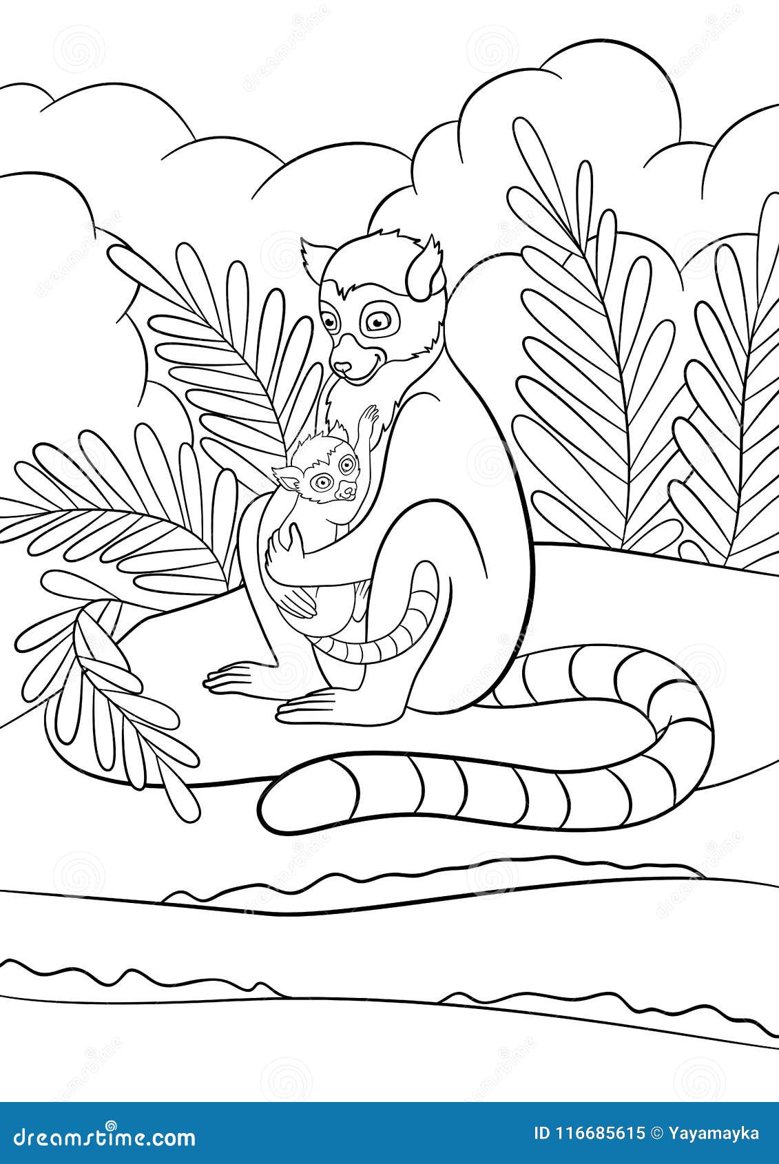 Coloring pages mother lemur sits on the stone near the sea with her little cute baby stock vector