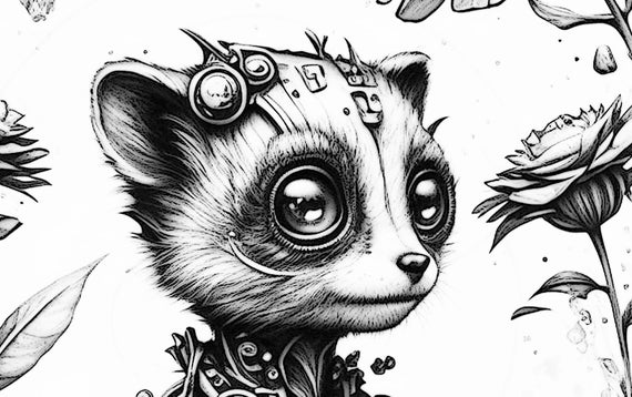 Cute biomechanical lemur coloring sheet adult fantasy ai coloring page of a cyborg ring