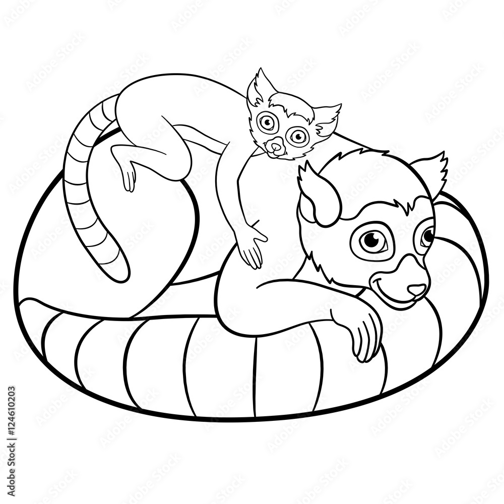 Coloring pages mother lemur with her cute baby vector