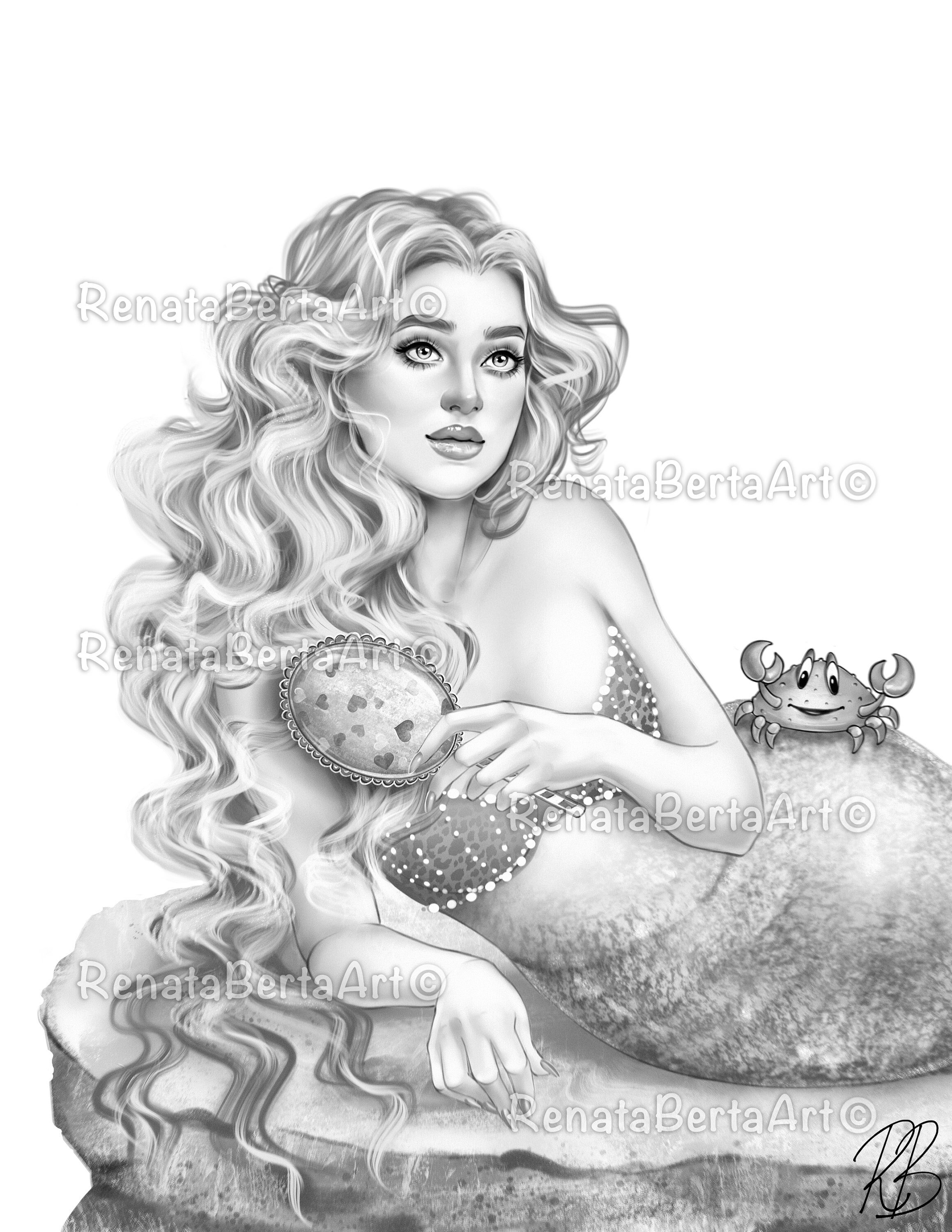 Cordelia premium grayscale coloring page instant download coloring page printable portrait mermaid crab friends ocean sea