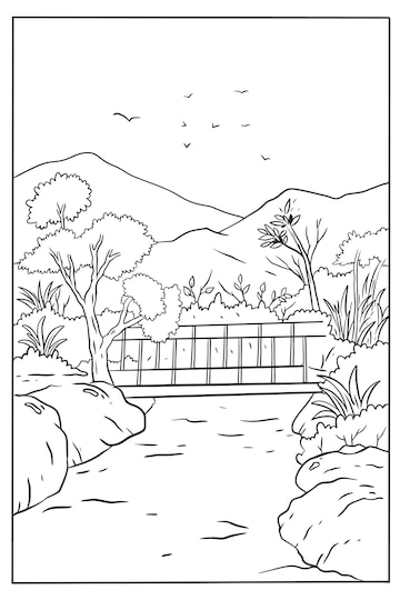 Premium vector coloring page of a river with a bridge and mountains in the background