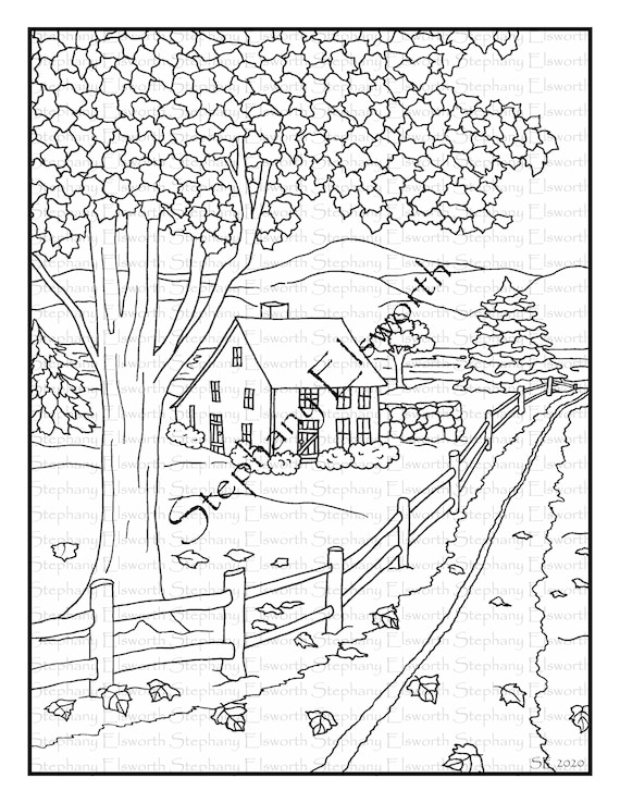 House and river x printable instant download coloring page