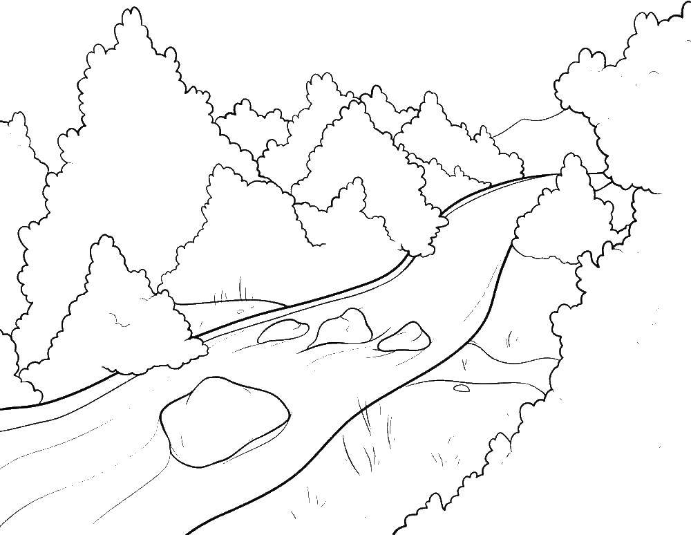 Online coloring pages flows coloring fast river flows in the forest nature