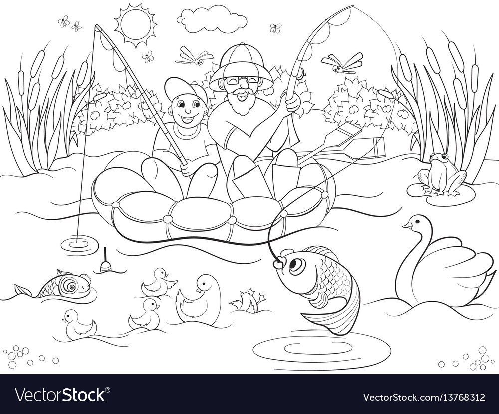 Fishing father and son on river coloring vector image