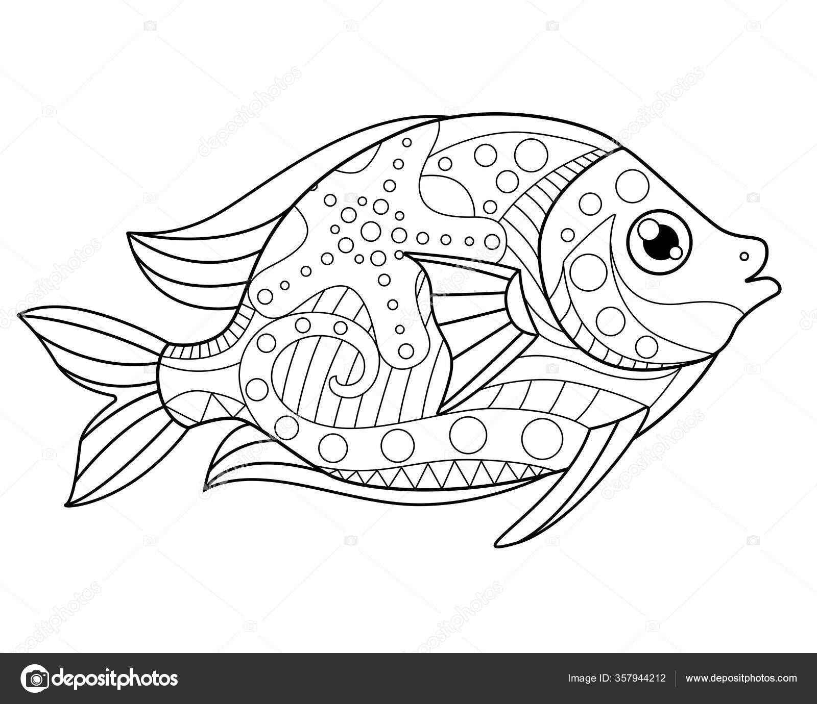 Fish coloring antistress vector linear picture coloring outline hand drawing stock vector by disaanna