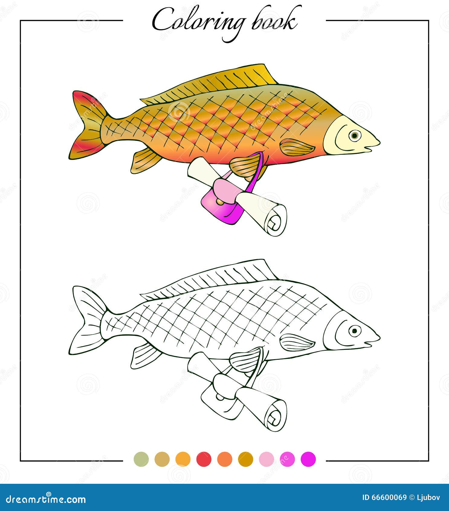 Coloring book with fresh water fish carp with bag stock vector