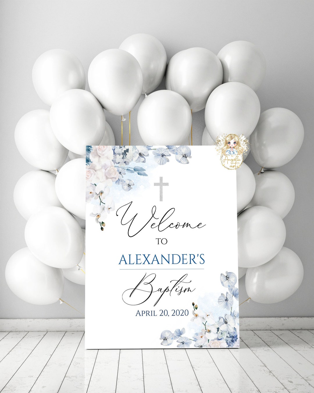 Editable blue silver orchid baptism wele sign template baptism decorations boy wele christening sign printable or