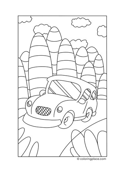 Car on country road coloring place