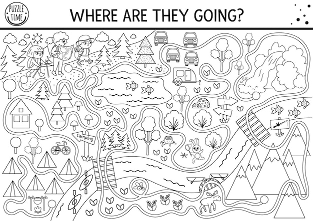 Premium vector black and white summer camp maze for children active holidays preschool outline printable activity family road trip labyrinth game or coloring page with cute hiking kids camping map mountainsxa