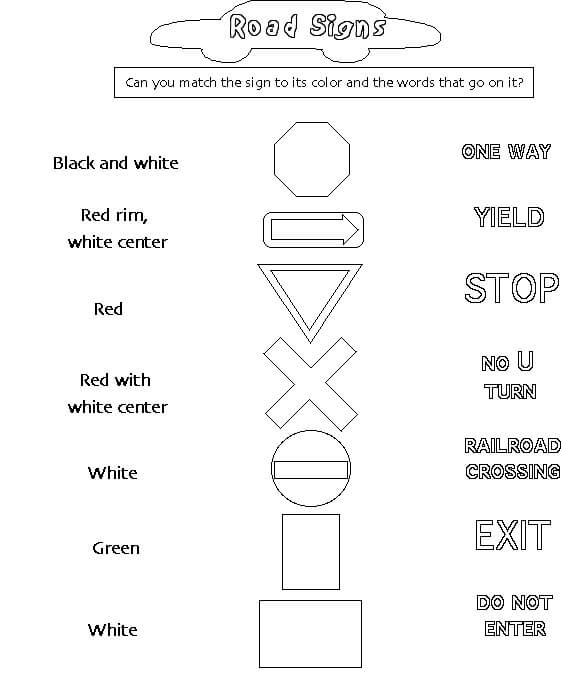 Basic street signs in road and street safety coloring page