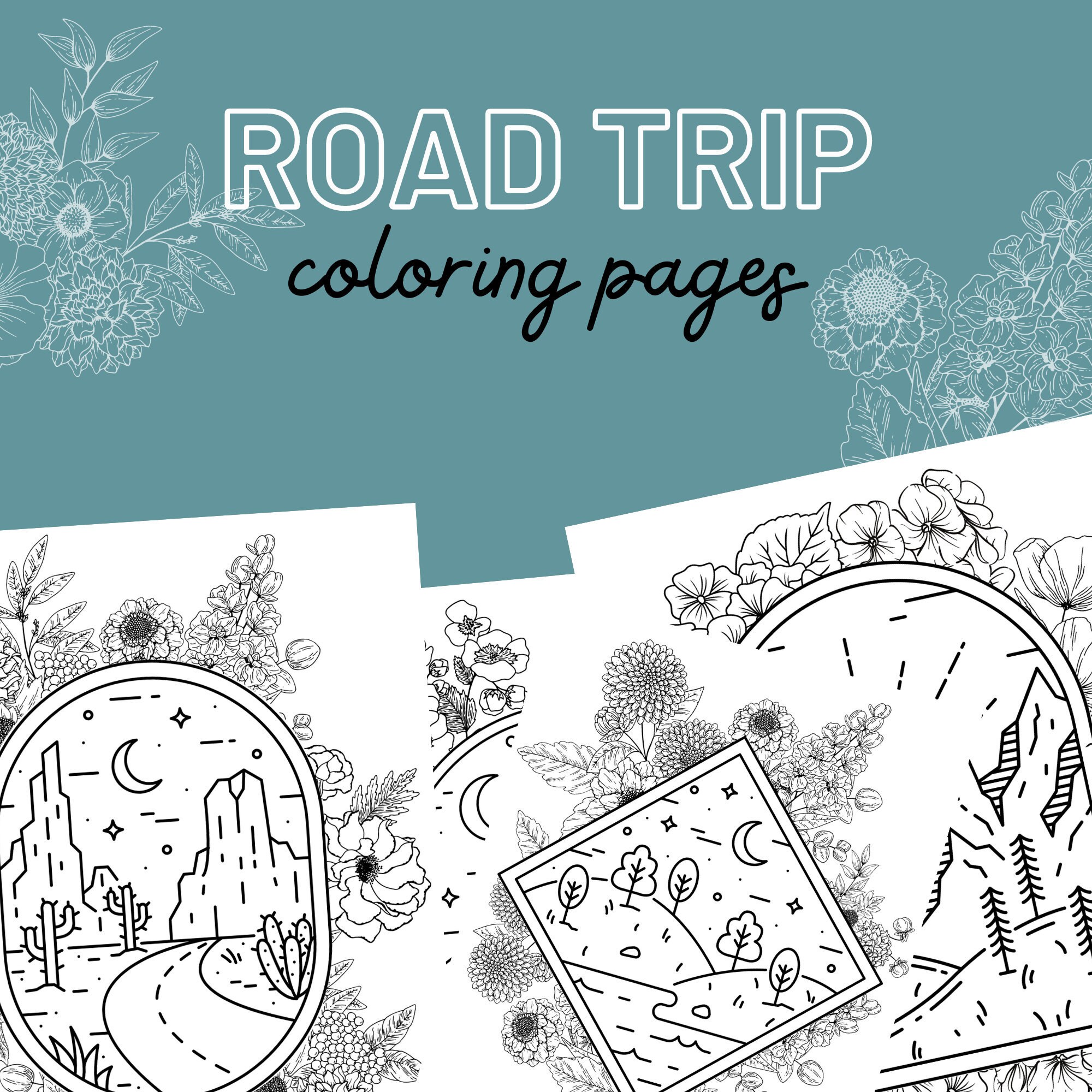 Page printable road trip floral coloring book digital download adult coloring pages printable pdf simple coloring pages