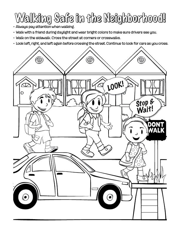 Three kids in road street safety coloring page