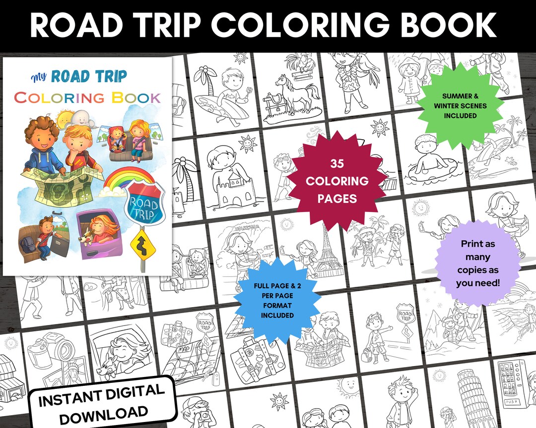 Road trip printable coloring book kids travel coloring pages