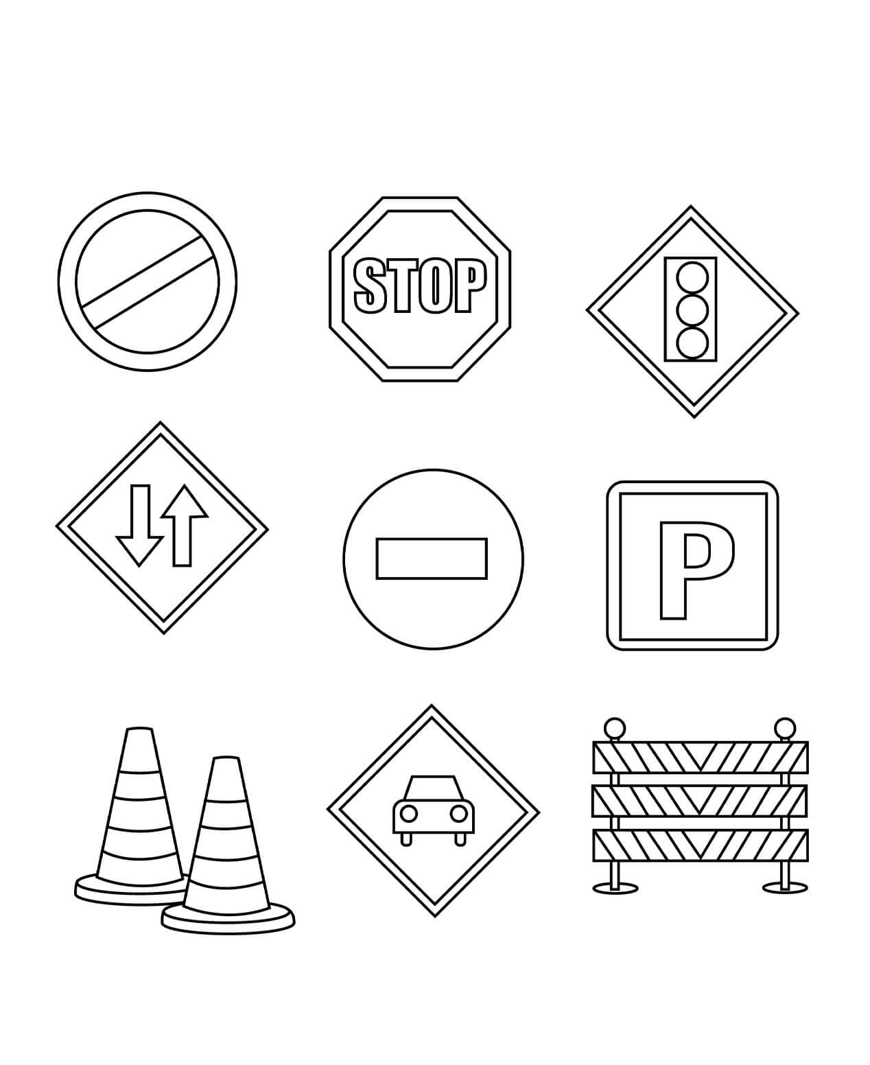 Nine street signs in road and street safety coloring page