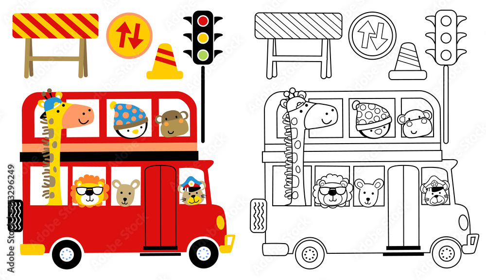 Cute animals cartoon on red bus with traffic signs coloring book or page vector