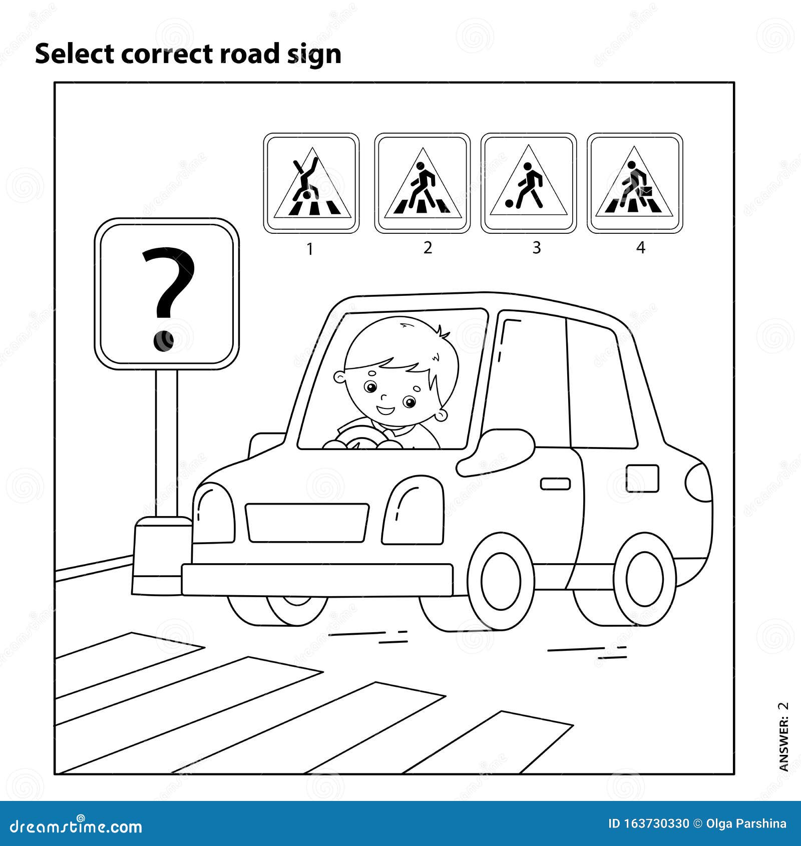 Educational puzzle game for kids select correct road sign coloring page outline of cartoon driver with car stock vector