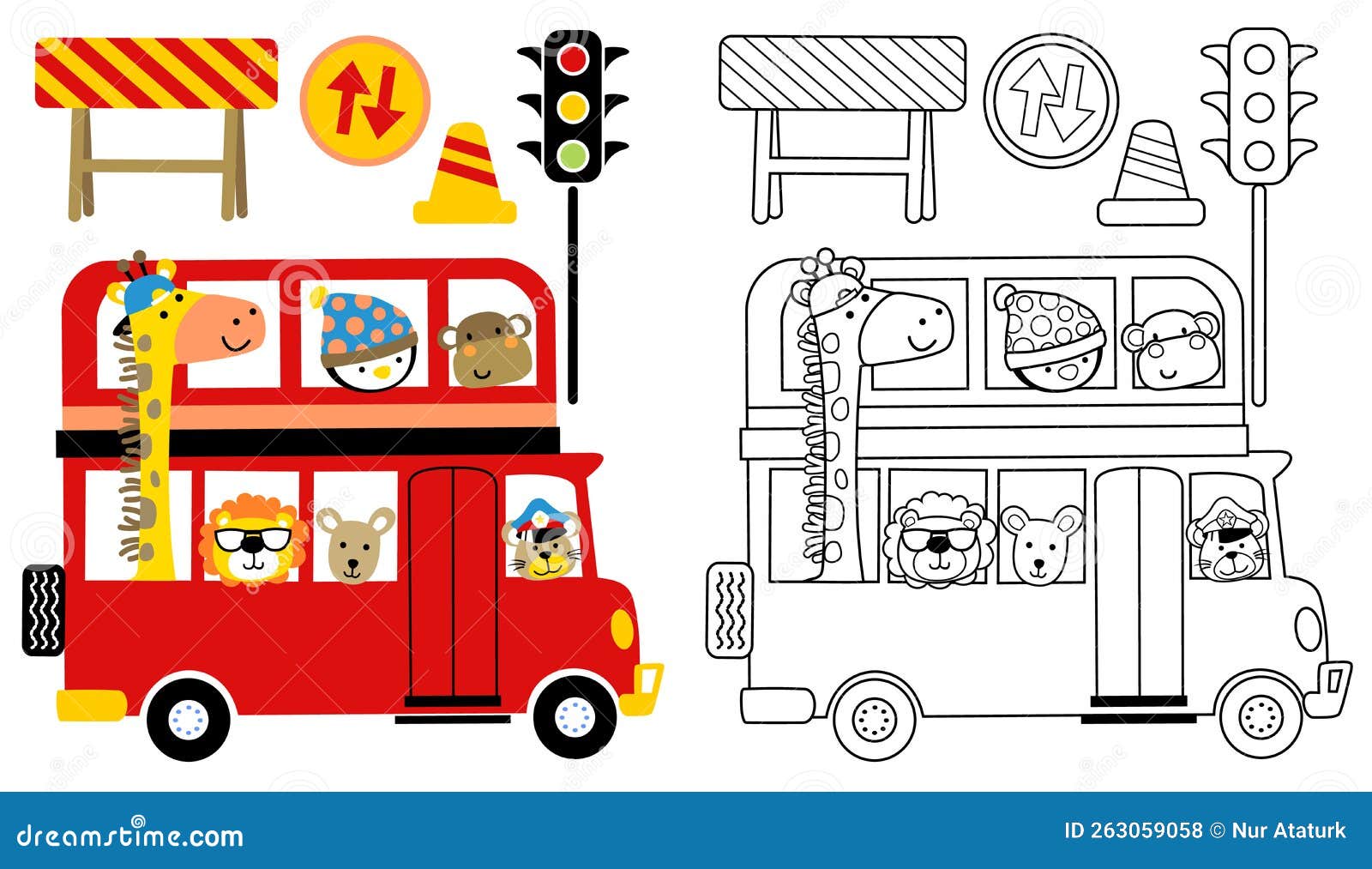 Cute animals cartoon on red bus with traffic signs coloring book or page stock vector