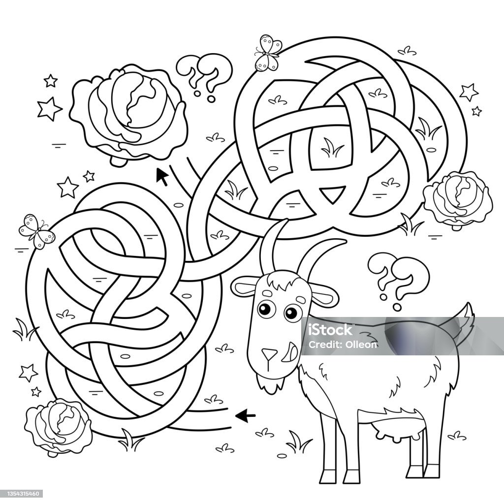 Maze or labyrinth game puzzle tangled road coloring page outline of cartoon goat with cabbage farm animals coloring book for kids