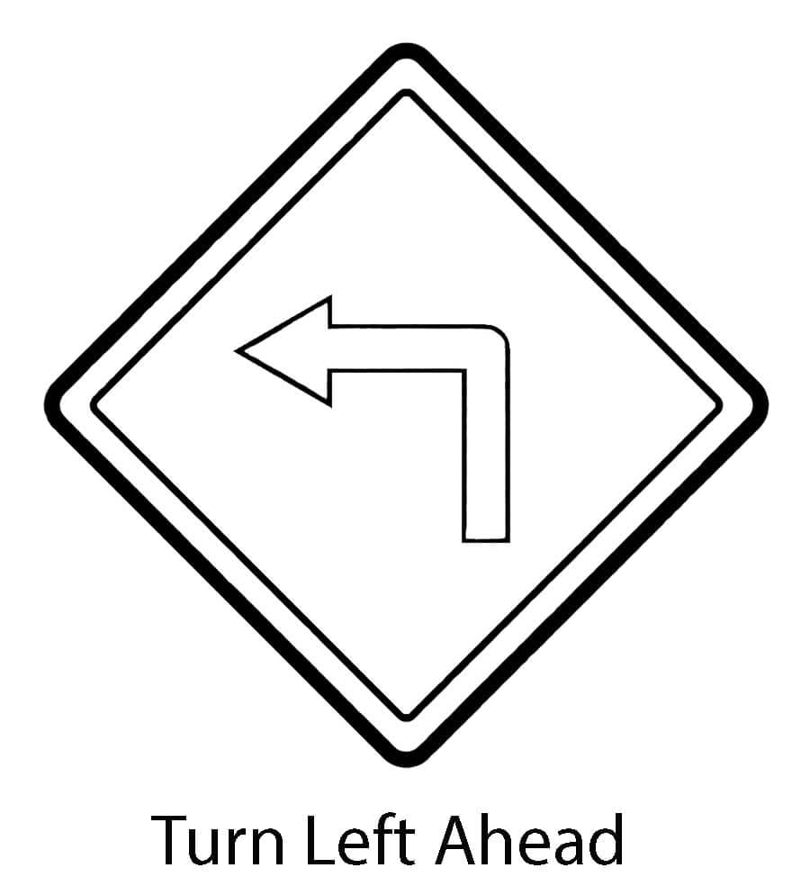 Left turn ahead road sign coloring page