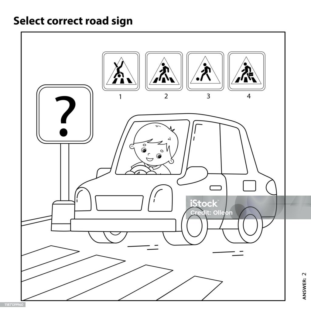 Educational puzzle game for kids select correct road sign coloring page outline of cartoon driver with car coloring book for children stock illustration