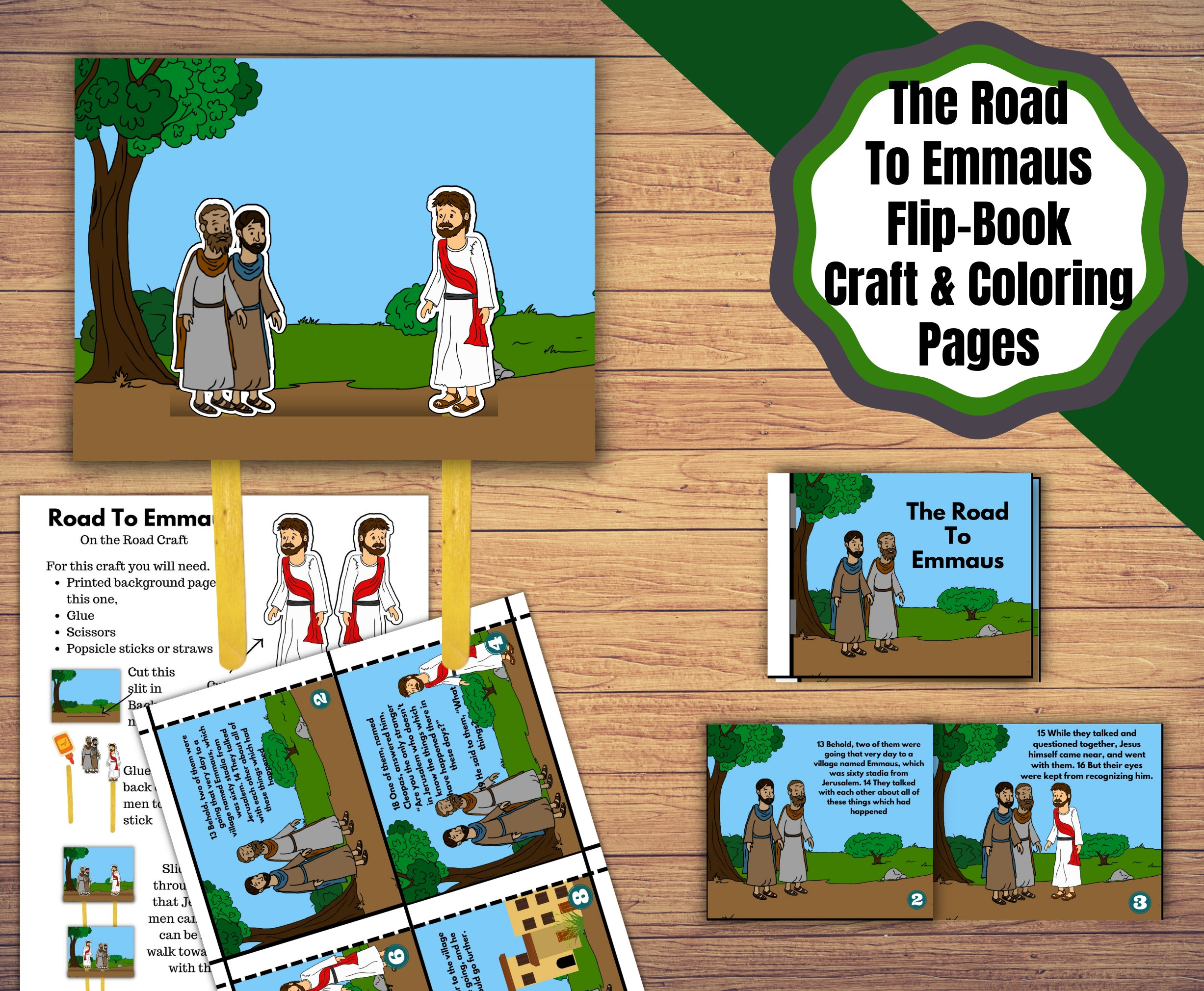 Printable road to emmaus craft set road to emmaus coloring and crafts for bible lesson flip book and walking jesus craft