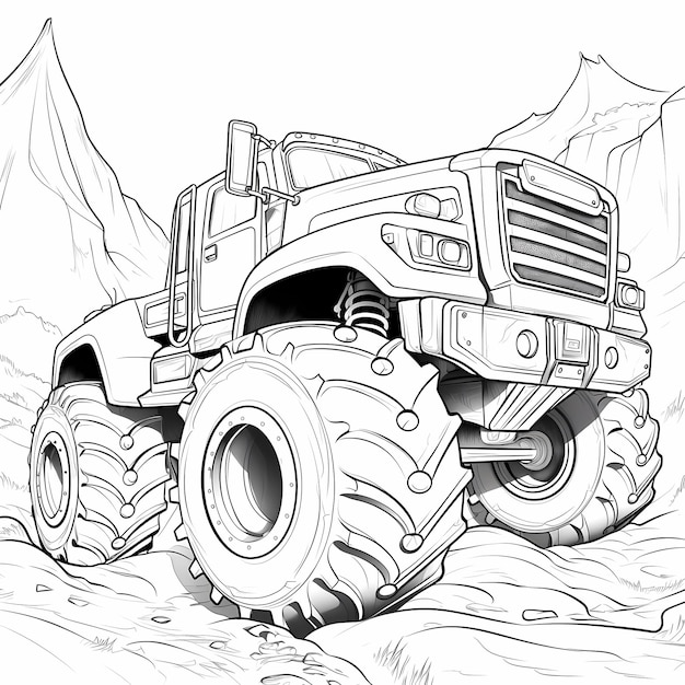 Premium ai image kids coloring book pages of monster trucks driving off road on hilly track