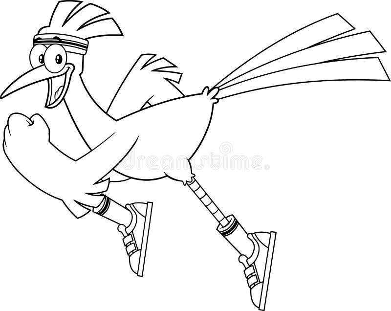 Black and white roadrunner bird cartoon character jogging stock vector