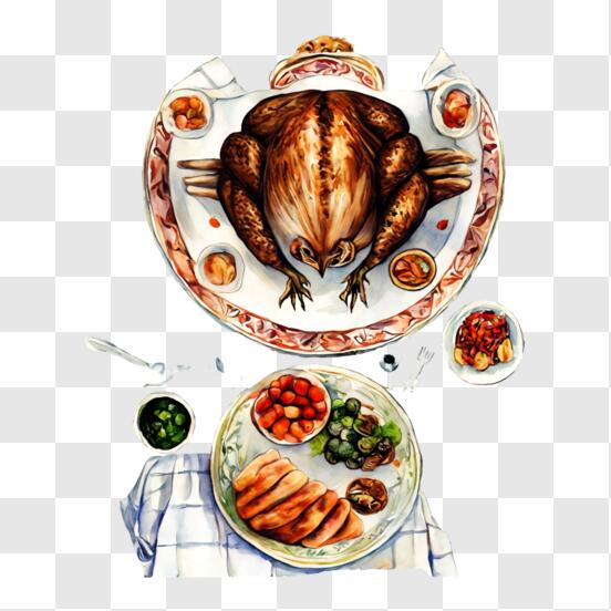 Download delicious thanksgiving feast with roasted turkey and fresh vegetables png online