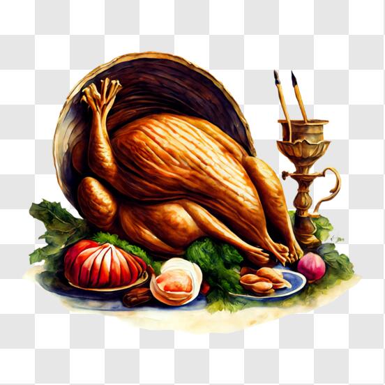 Download elaborate thanksgiving turkey painting with candle and silverware png online