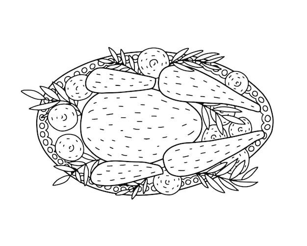 Premium vector top view turkey dish vector illustration hand drawn turkey meal coloring page