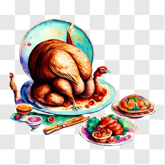 Download colorful drawing of thanksgiving turkey and food png online