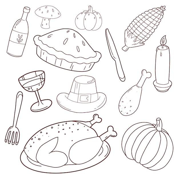 Premium vector set of thanksgiving dinner hand draw doodle elements roast turkey pumpkin corn pilgrim hat wine fork and spoon vector illustration
