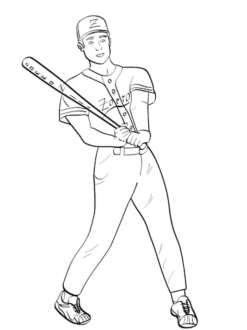 Premium vector isolated object coloring black lines white background a man a professional baseball player an athlete he hits the ball with a bat vector