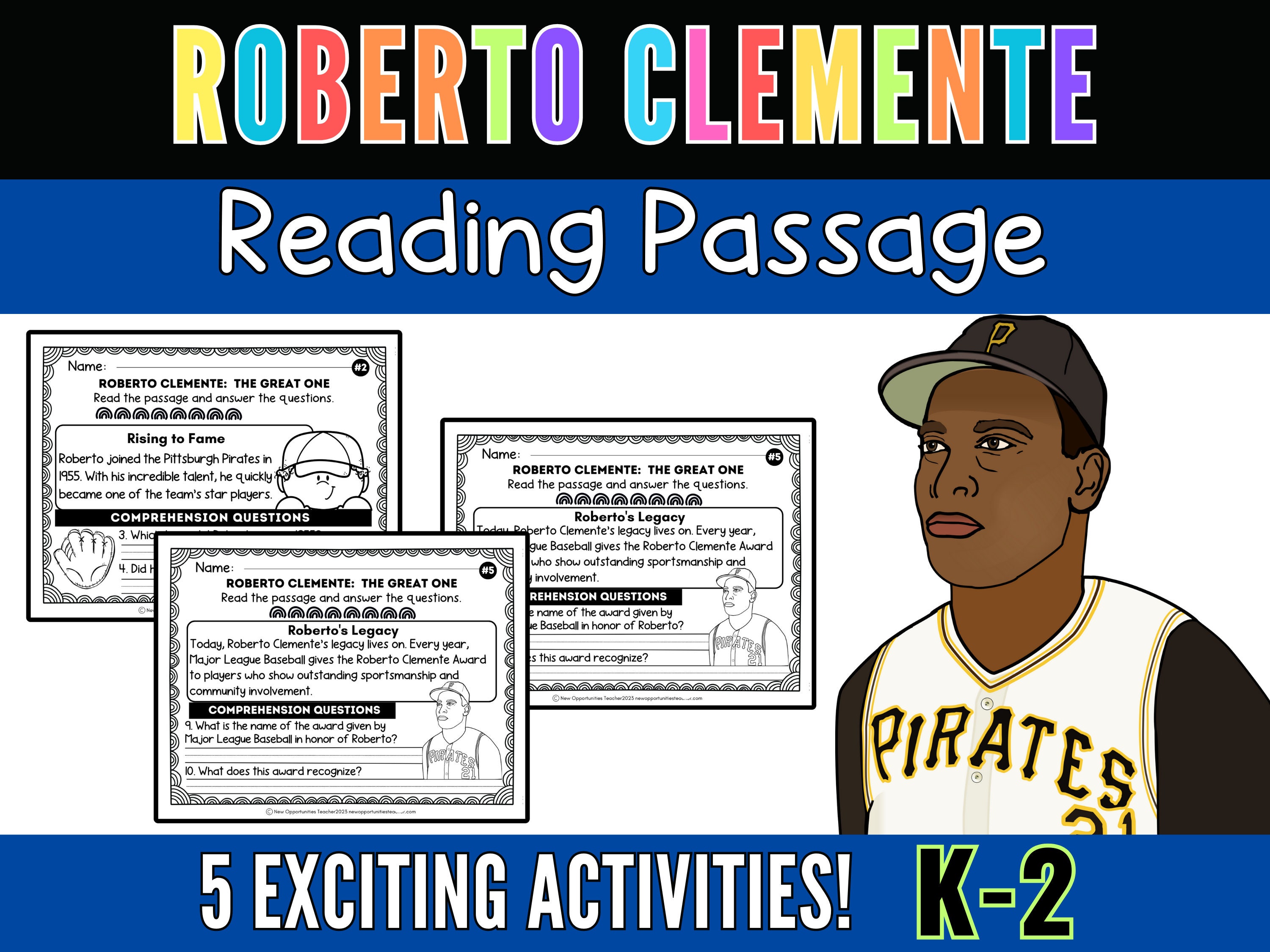 Roberto clemente reading prehension passage timeline vocabulary worksheet word search hispanic heritage month k