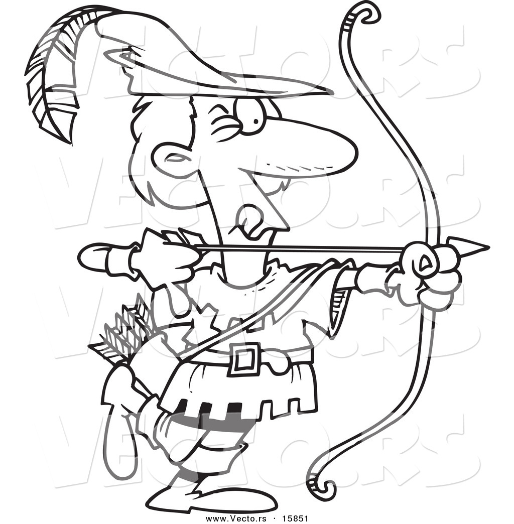 R of a cartoon cartoon black and white outline design of robin hood aiming