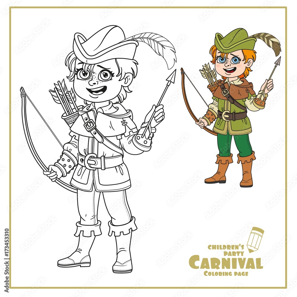 Cute boy in robin hood costume color and outlined for coloring page vector