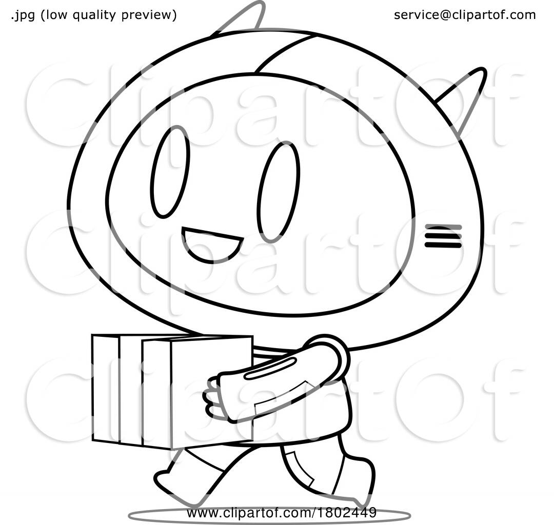 Cartoon black and white clipart robot carrying a box by hit toon