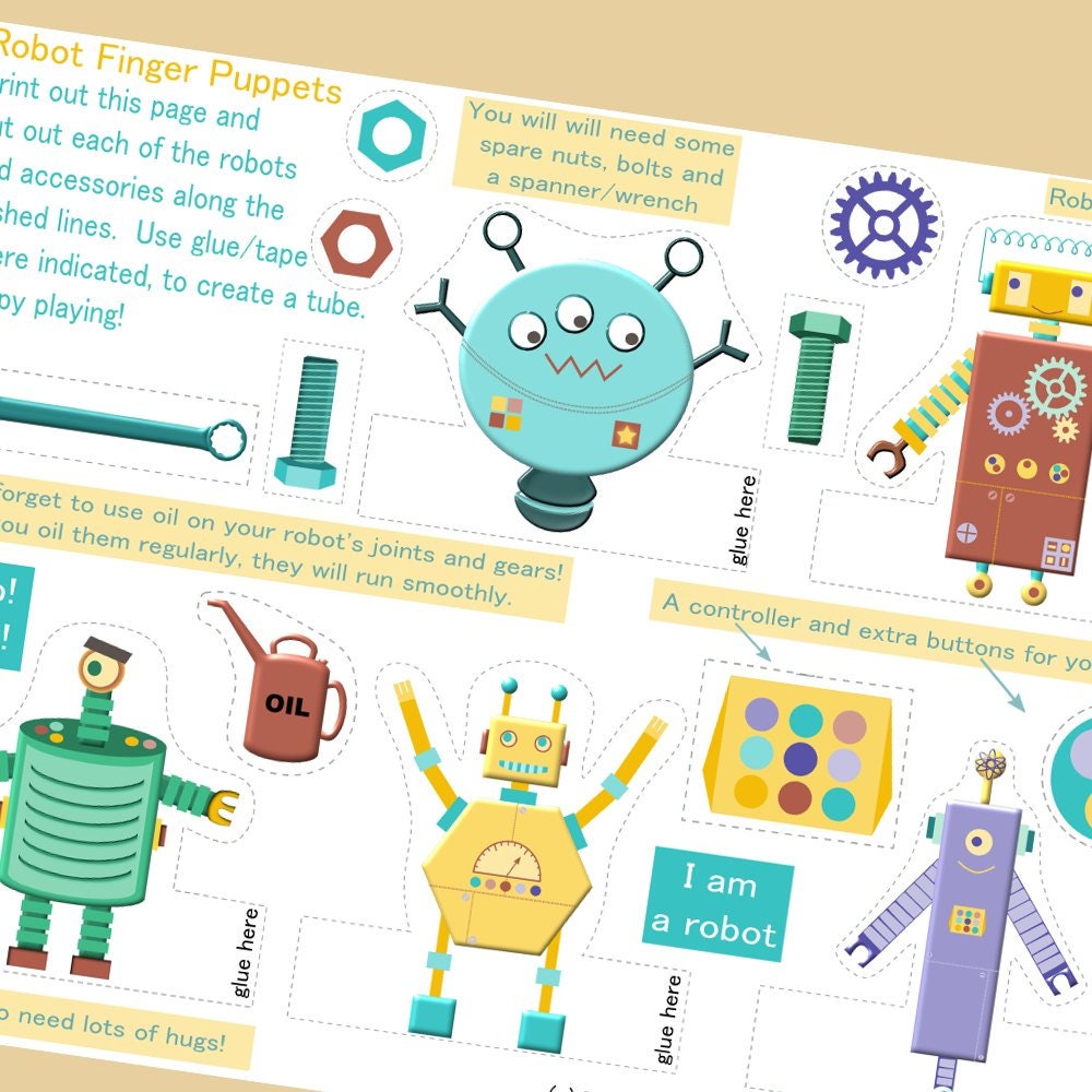Printable coloring robot finger puppets instant download kids finger puppet robots paper robot kids birthday party favor colouring