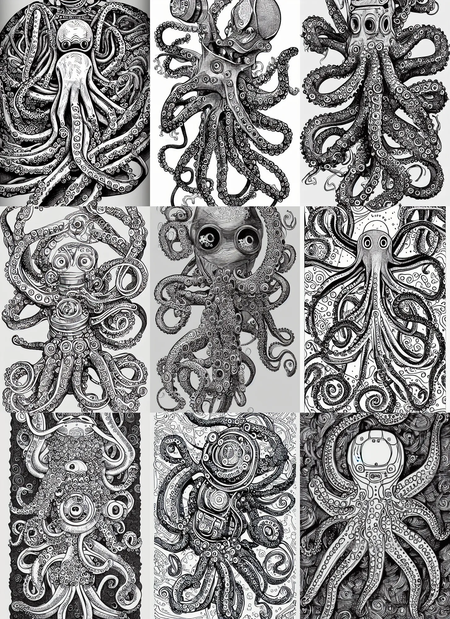 Mechanical robotic octopus intricate hand drawn stable diffusion