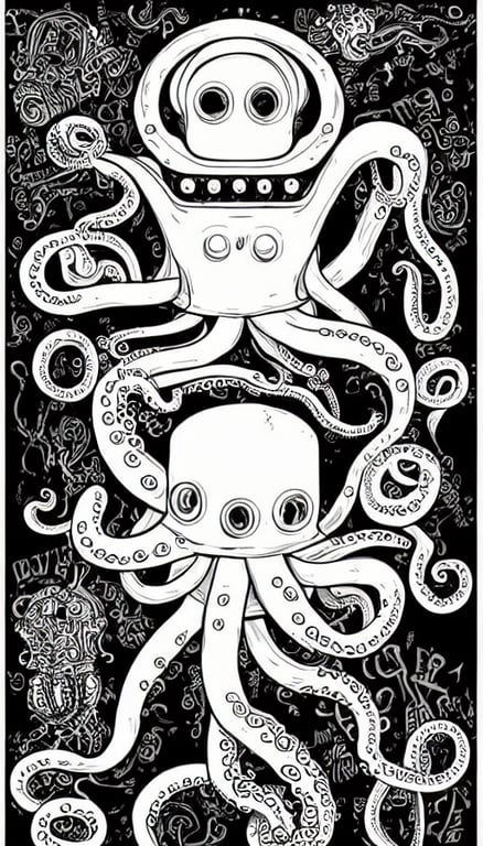 Robot with octopus tentacles hand drawn illustration antique style poster highly detailed vector art