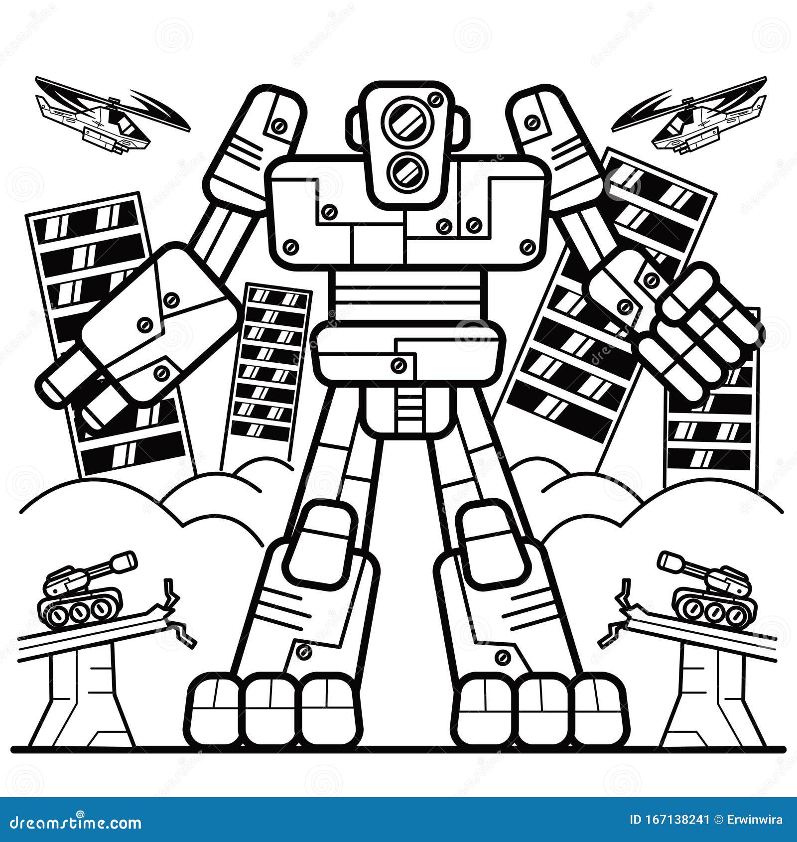 Illustration vector graphic coloring book of giant robot strike a city stock vector