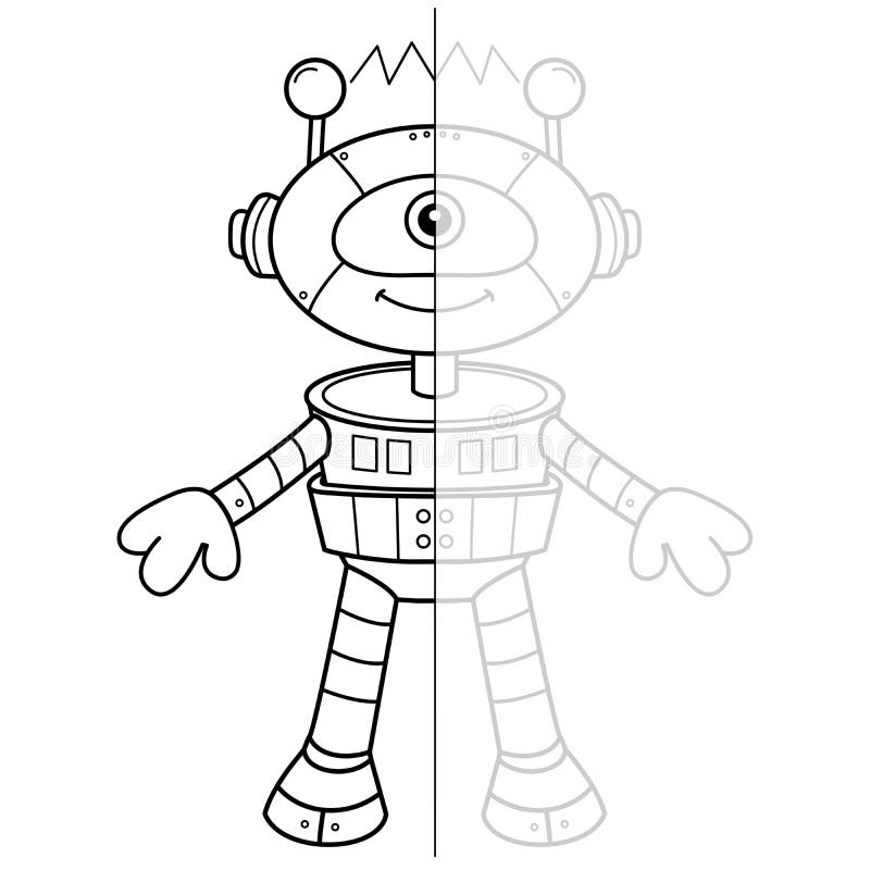 Draw symmetrically coloring page outline of cartoon robot stock vector