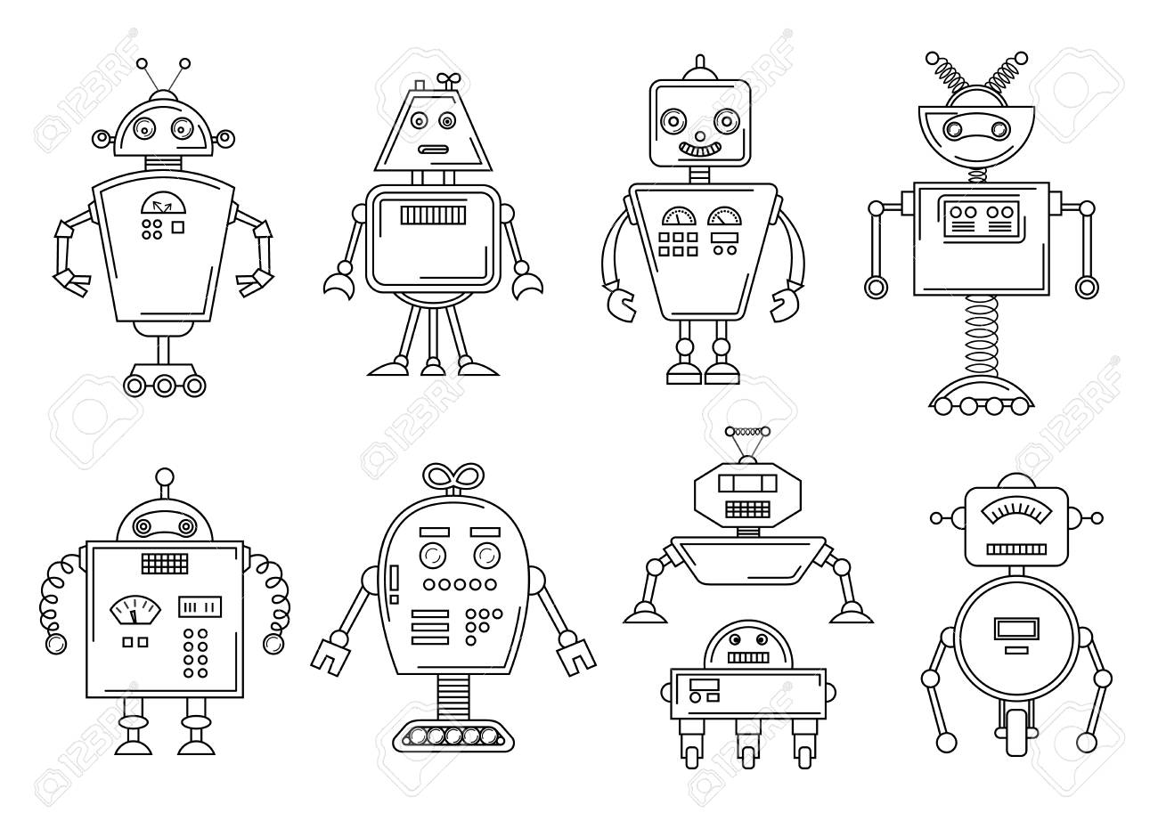 Vector illustration of a robot mechanical character design set of four different robots coloring book page royalty free svg cliparts vectors and stock illustration image