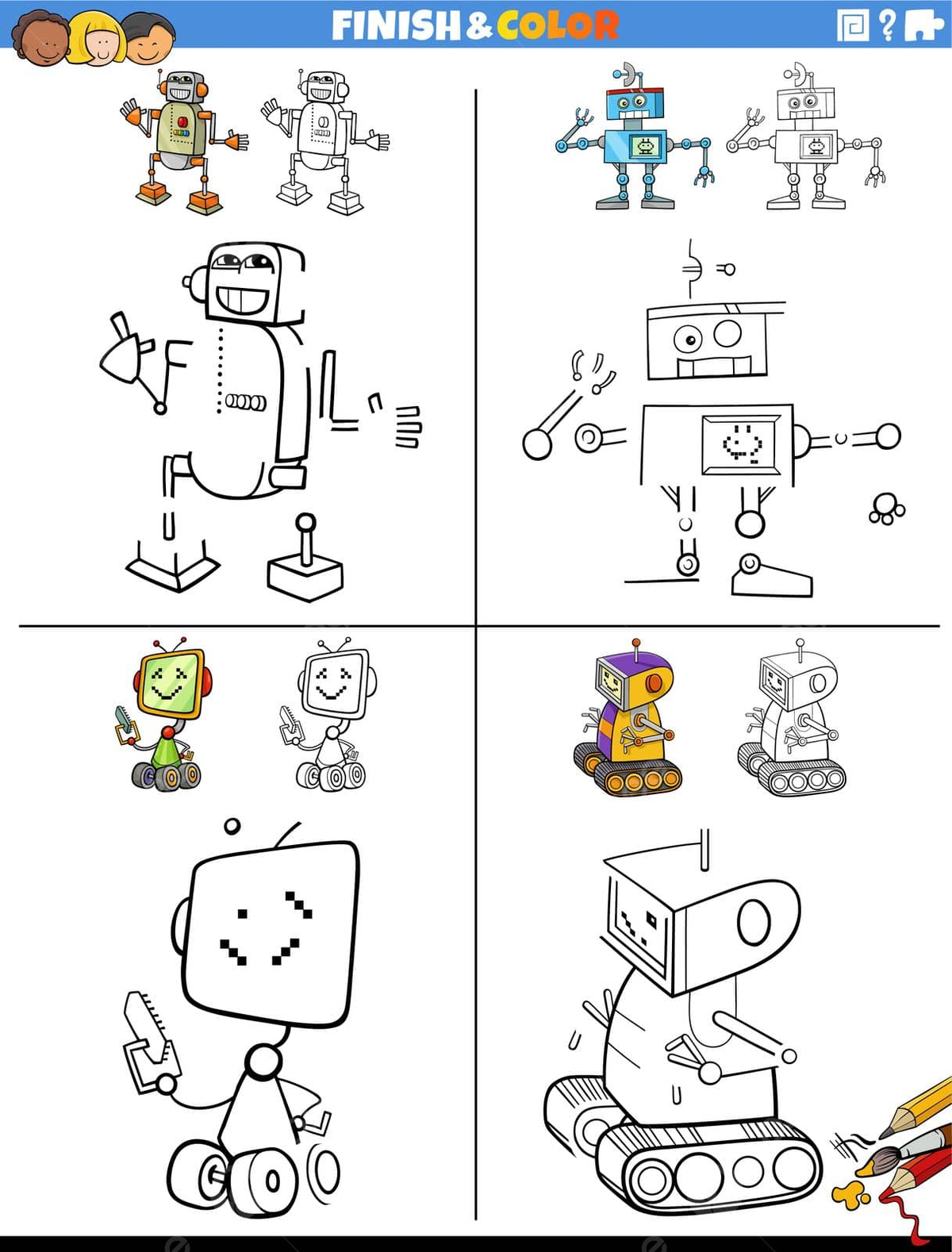 Dibujo de conjunto hojas trabajo personaj robots para dibujar y colorear vector png dibujos dibujo de ala dibujo de robot dibujo de anillo png y vector para dcargar gratis