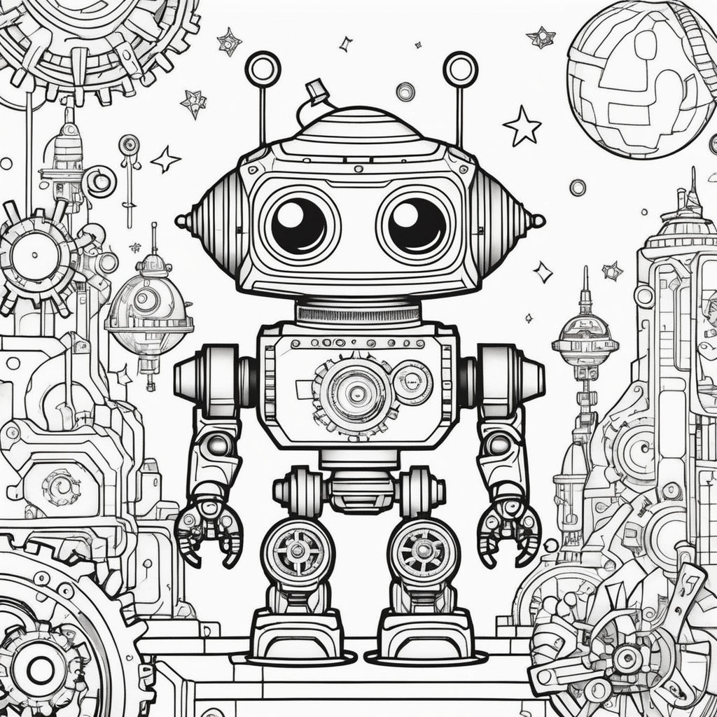 Realistic robot coloring book page