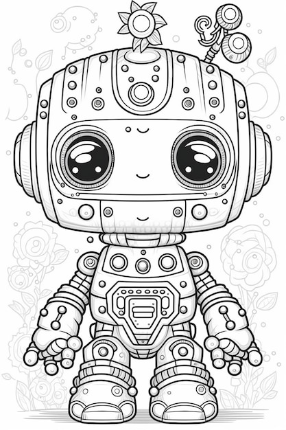 Premium ai image a coloring page of a robot with a butterfly on his head generative ai